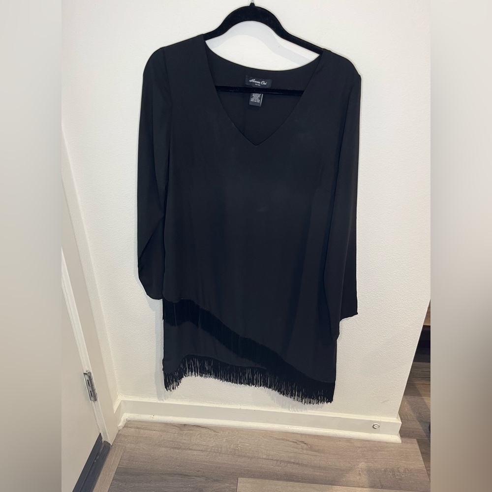 Black long sleeve mini dress with fringe detail
